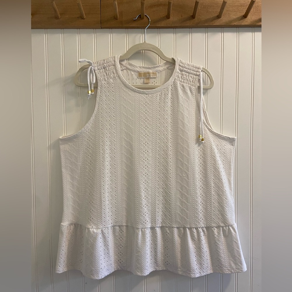 Michael Kors White Eyelet Romantic Cottage Lightweight Stretch Smocked Blouse XL